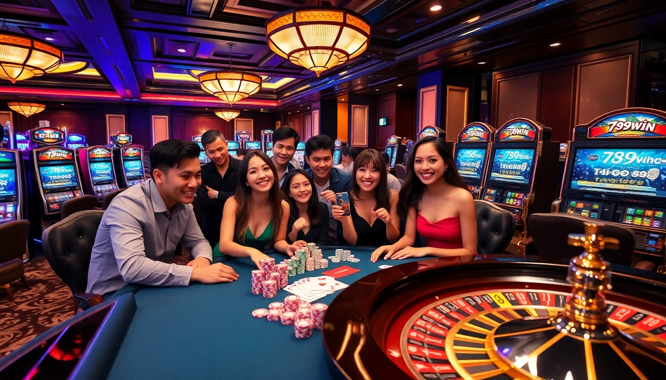 Players enjoying games at a luxurious casino table with 789win branding and vibrant poker chips.