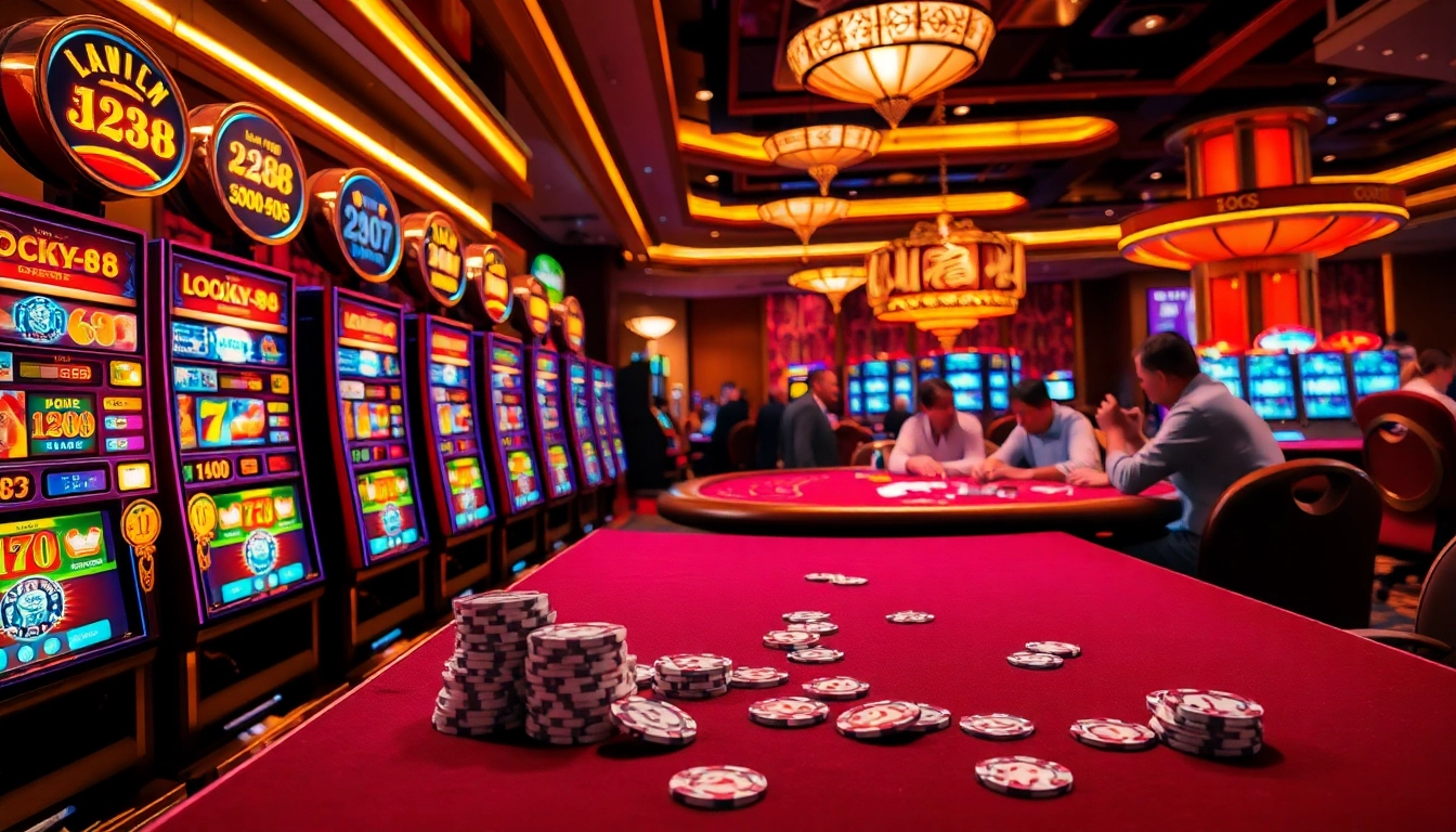 Experience excitement at lucky88 slot machines surrounded by players and colorful casino elements.
