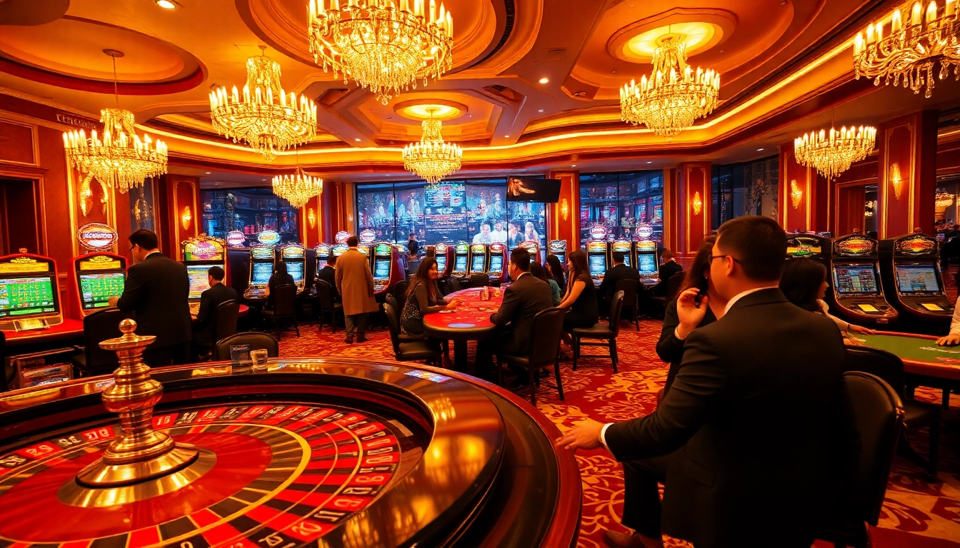 Players enjoying thrilling games at Bay789 casino, featuring roulette and poker tables in a luxurious setting.