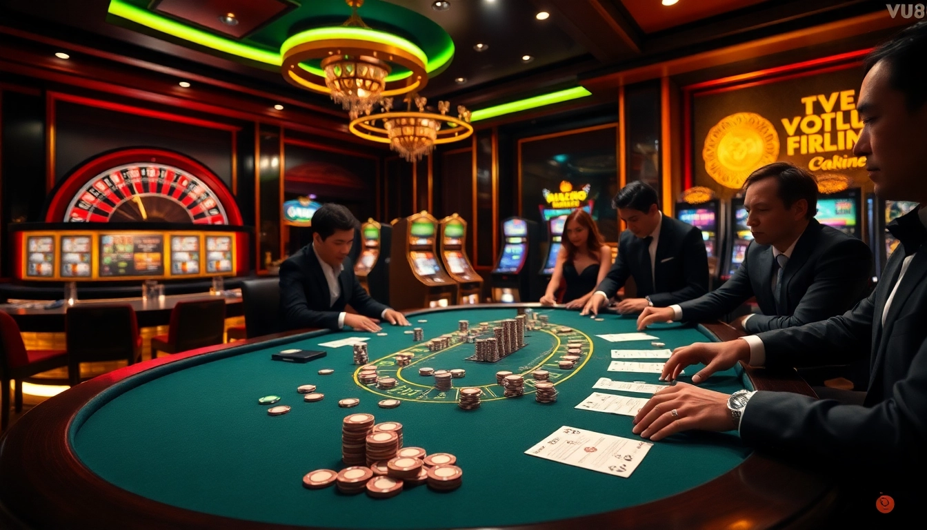 Experience the thrill of high-stakes gambling at VU88’s luxury casino table with players engaged in poker.