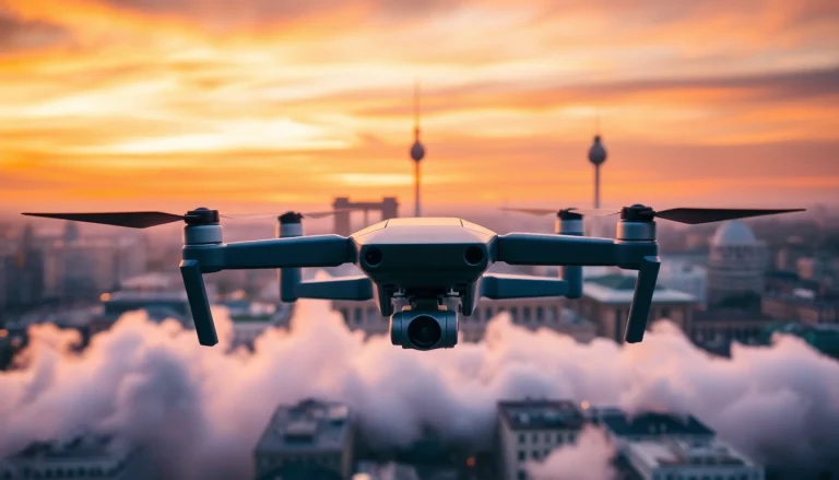Drohnenaufnahmen Berlin: Professionelle Luftaufnahme des Berliner Stadtbilds bei Sonnenuntergang.