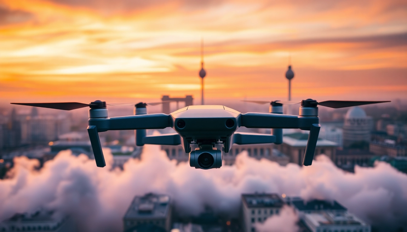 Drohnenaufnahmen Berlin: Professionelle Luftaufnahme des Berliner Stadtbilds bei Sonnenuntergang.