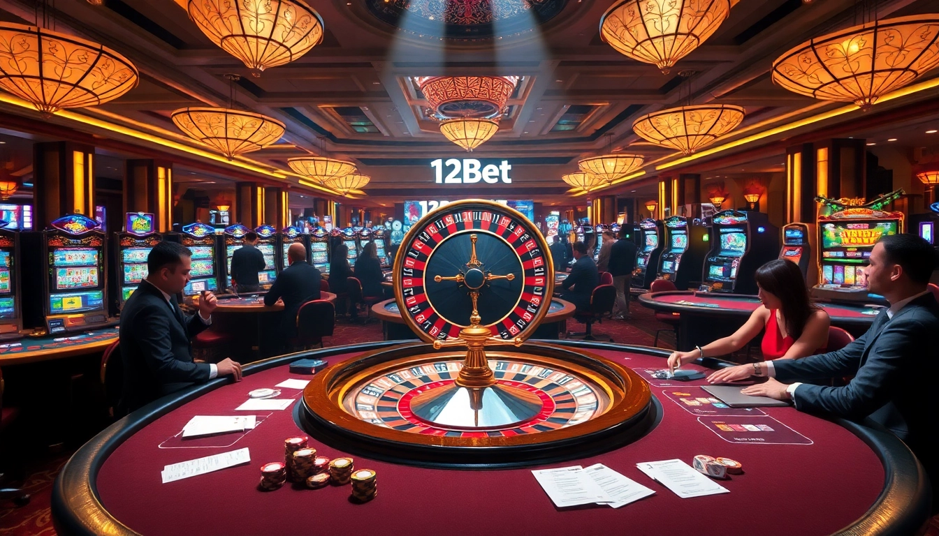 Players engaging in thrilling games at the 12Bet casino with vibrant slots and roulette.
