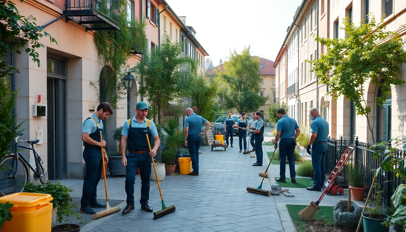 Hausmeisterservice München bei der Arbeit in einer Wohngegend.
