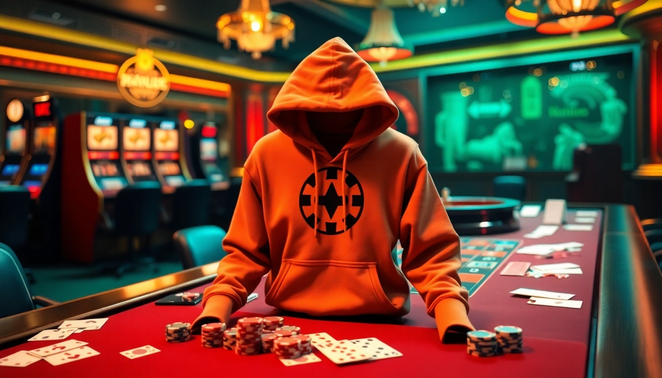 Džemperi ar logotipu izcelti aizraujošā kazino vidē ar pokera čipsiem un ruletes riteni.