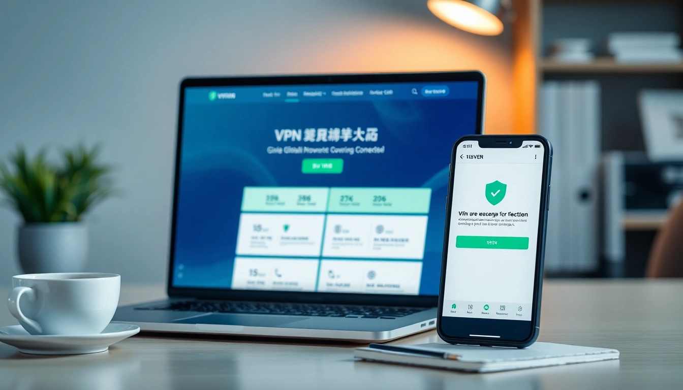 快连官网 interface showcased on a laptop and smartphone, highlighting secure connections and privacy features.