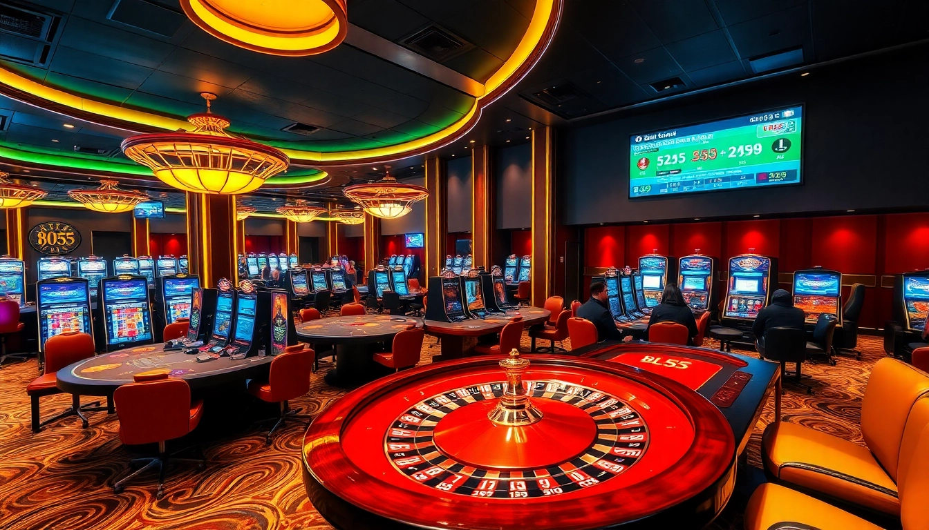 Experience the thrill of BL555 with vibrant casino gaming visuals featuring roulette, poker, and slots.
