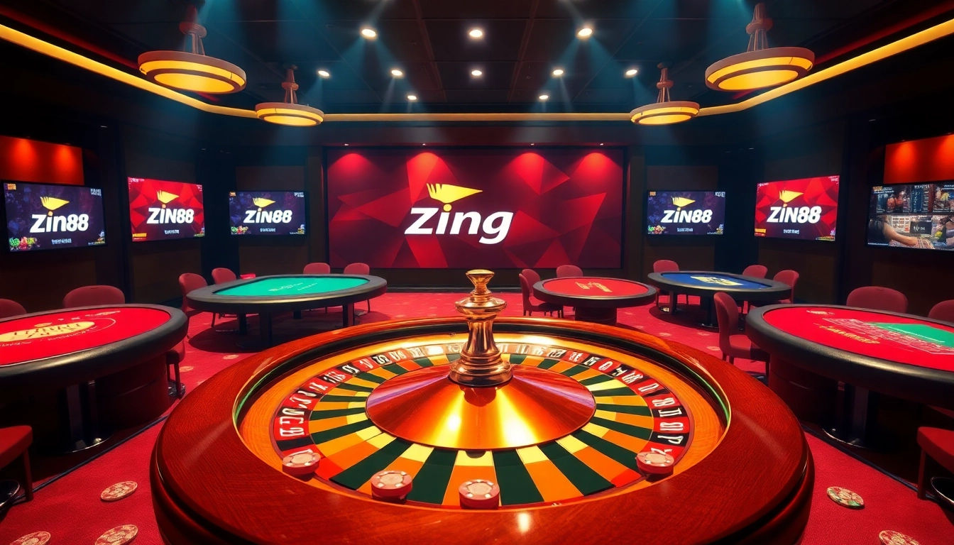 Zing88 online casino with vibrant roulette wheel and elegant gaming tables