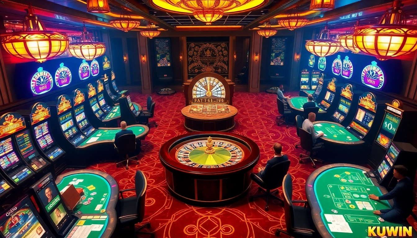 Exciting gambling atmosphere at https://kuwinzhz.com/ with vibrant slots, poker tables, and roulette wheel.