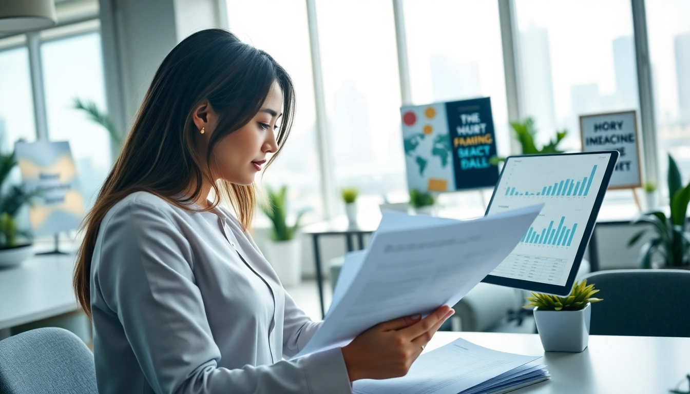 Frau, die Arbeitslosengeld Informationen in einem modernen Büro analysiert.