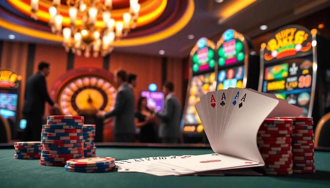 Experience the thrill of Thabet77 at a vibrant casino table filled with poker chips, cards, and slot machines.
