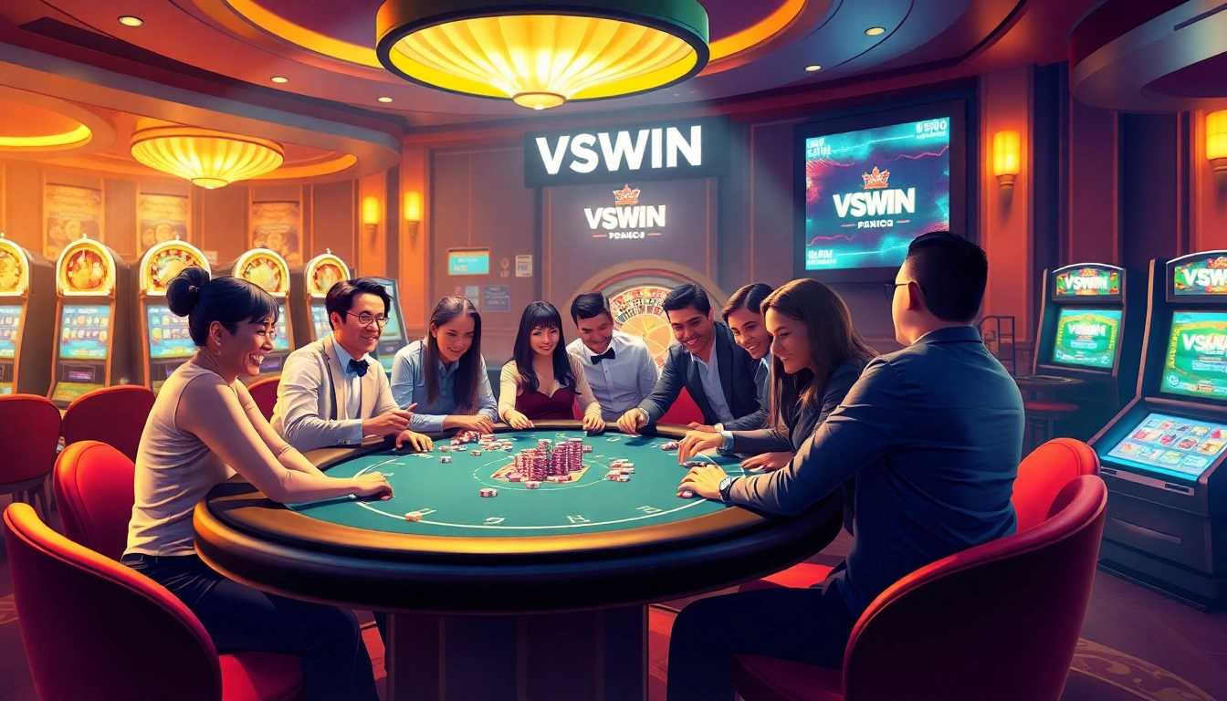 Exciting poker action at VSWIN casino with diverse players and vibrant scenes
