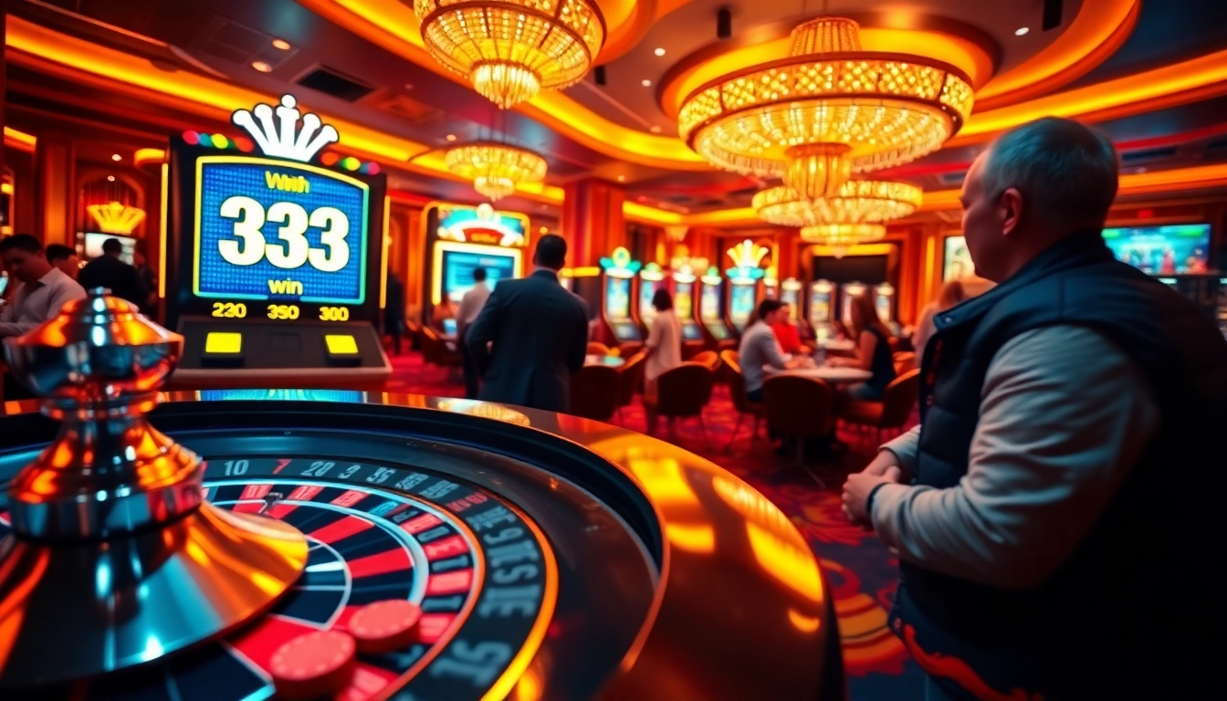 Experience the excitement of 33win at a vibrant casino scene with poker tables and roulette wheels.