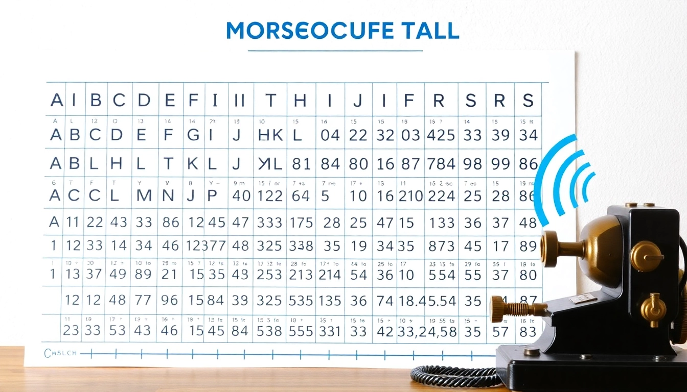 Morse code table displaying letters, numbers, and punctuation, surrounded by a telegraph key.