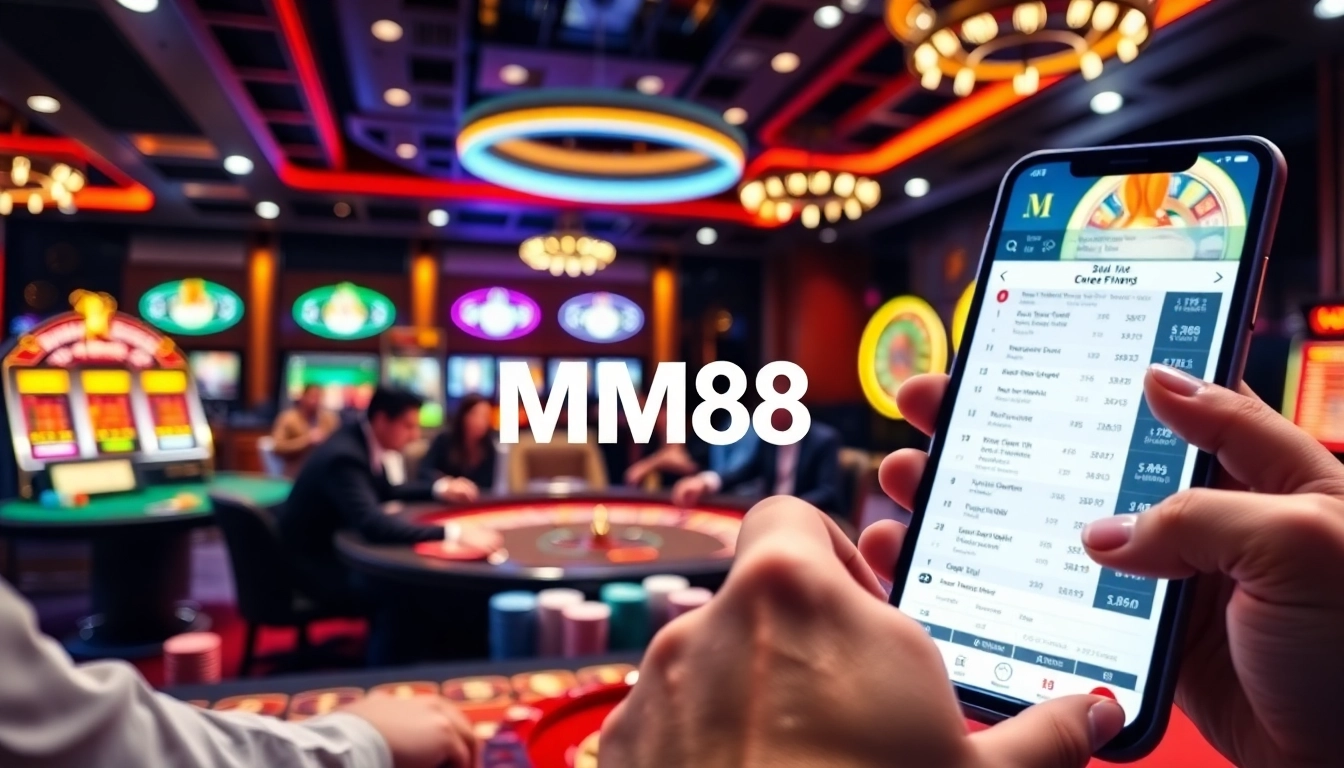 MM88 users placing bets enthusiastically at a modern casino table, featuring vibrant colors and exciting gaming elements.