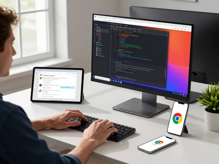 Explore the features of 谷歌浏览器 in a modern workspace setup with code and devices.