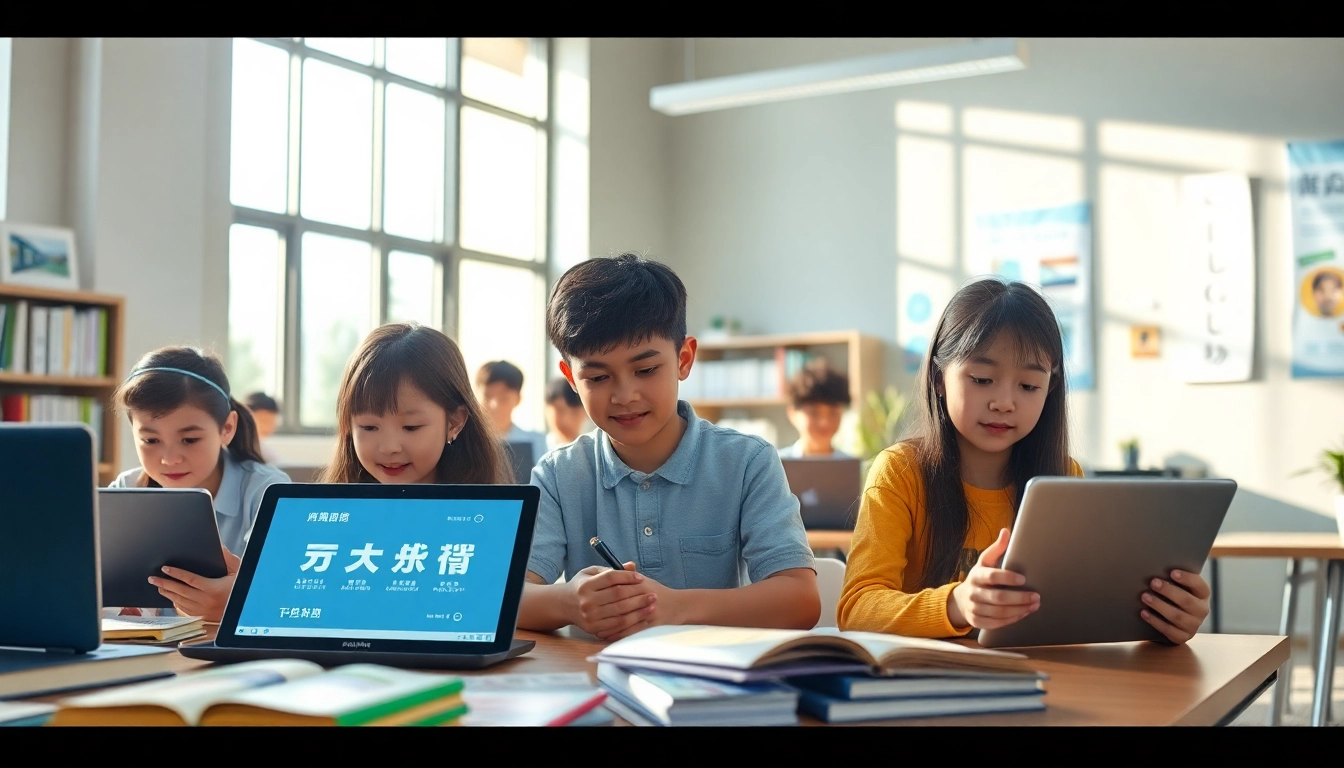 Students engaged in language translation using 有道 technology in a modern classroom.