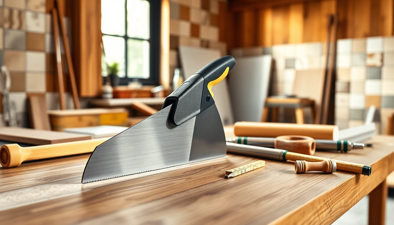 Professionelles Fliesenmesser auf einer Werkbank mit keramischen Fliesen, das Präzision und Qualität hervorhebt.