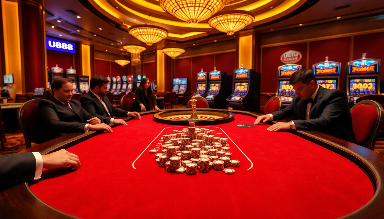 Experience U888's thrilling poker table scene, featuring elegant players and lively casino elements.