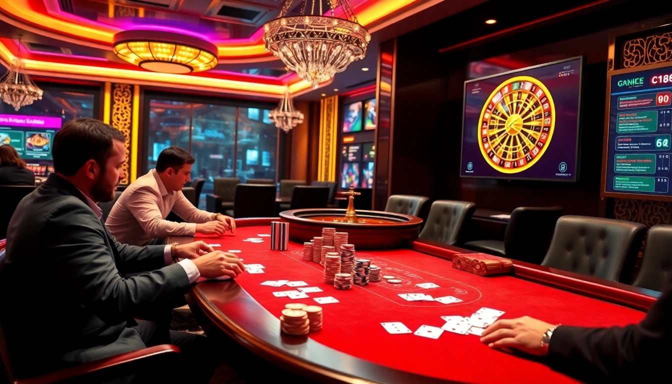 C168 poker table with vibrant chips and cards amidst luxurious casino ambiance.