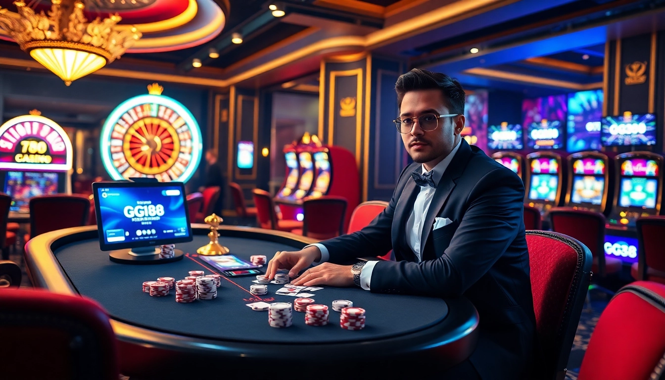 Experience the excitement of gambling at GG88 with poker chips and roulette available.