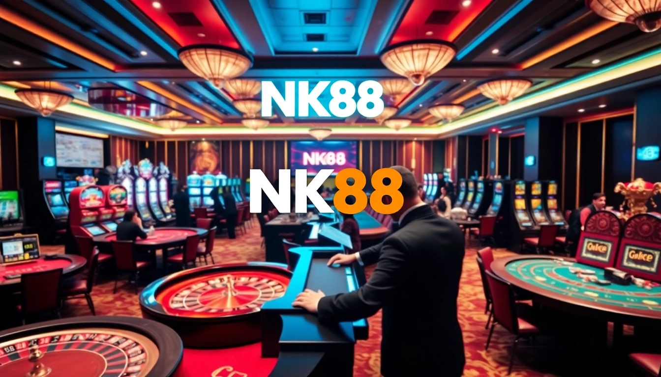 Enjoy thrilling gameplay at NK88 with casino tables, vibrant colors, and professional dealers.