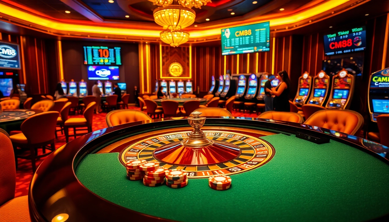 Exciting casino atmosphere showcasing roulette and slot machines with CM88 prominently featured.
