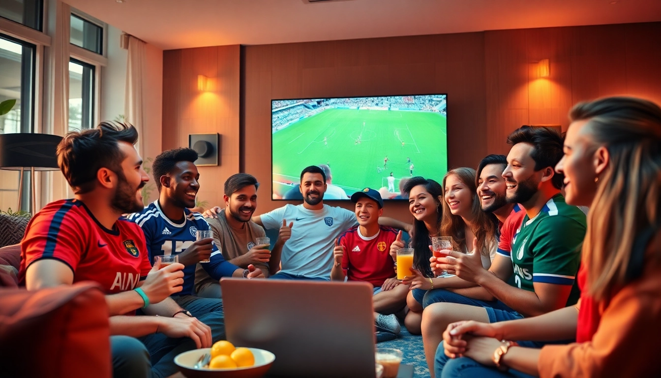 Experience the excitement of streaming live football matches on https://okwintv.zone/ with passionate fans cheering in a cozy setting.