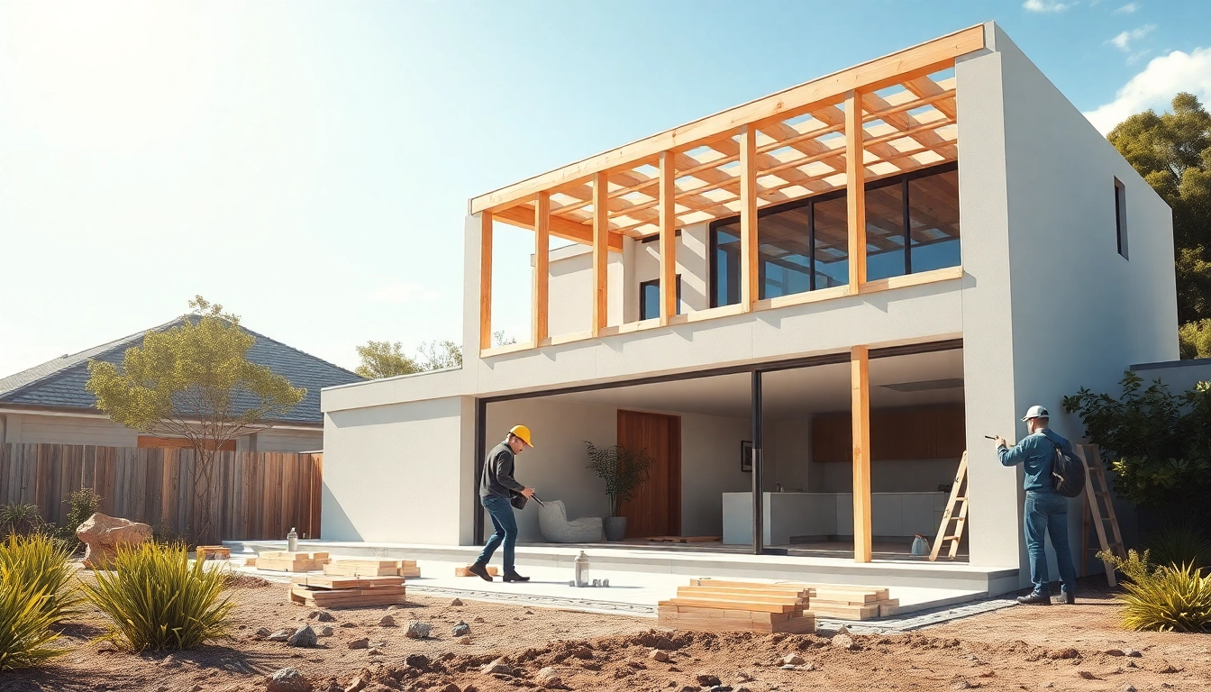 House extension construction site in Melbourne with workers framing a modern design.