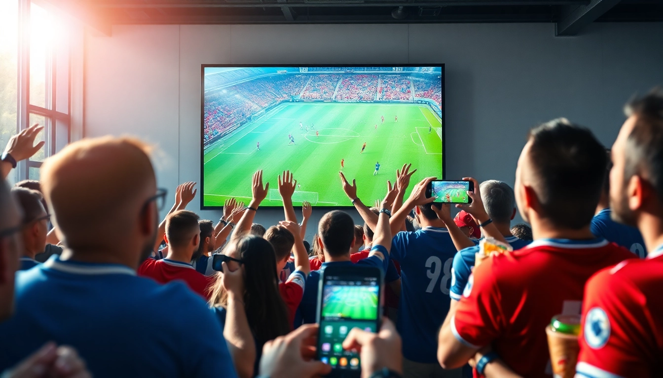 Socolive's vibrant live football streaming experience attracting enthusiastic fans around an HD screen.
