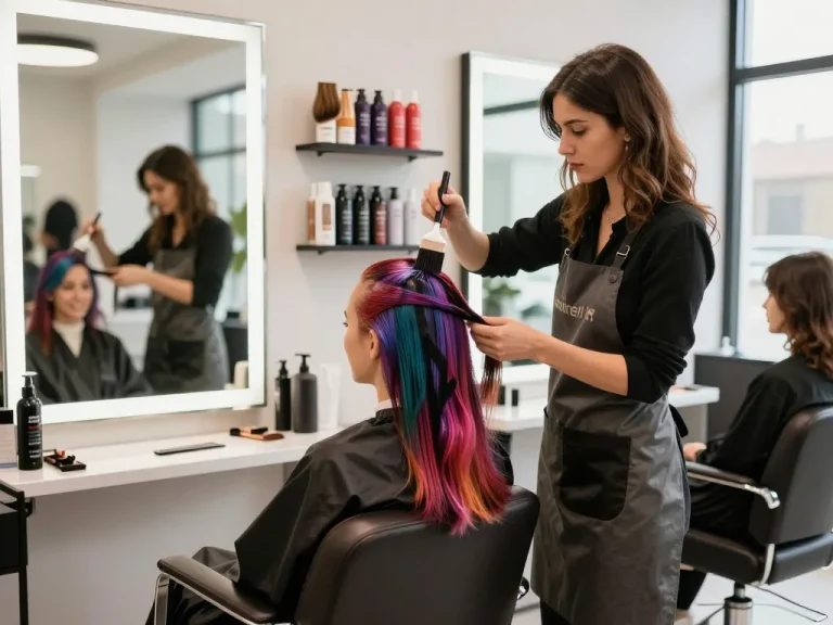 Lebendige Haarfärbesitzung im Salon, die die Anwendung von Haarfarbe Friseur mit professionellen Produkten und Stylisten zeigt.