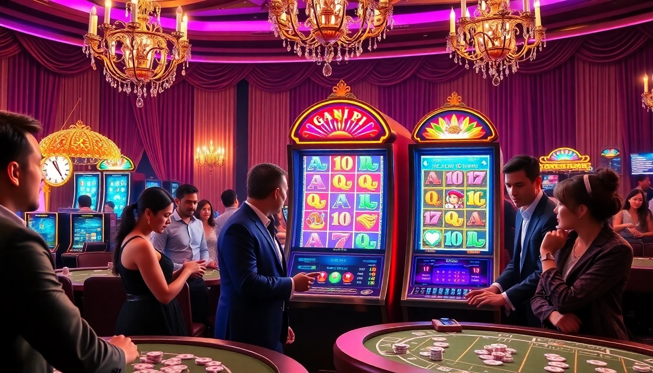 Engaging players enjoying Game Nổ Hũ at a luxurious casino slot machine.