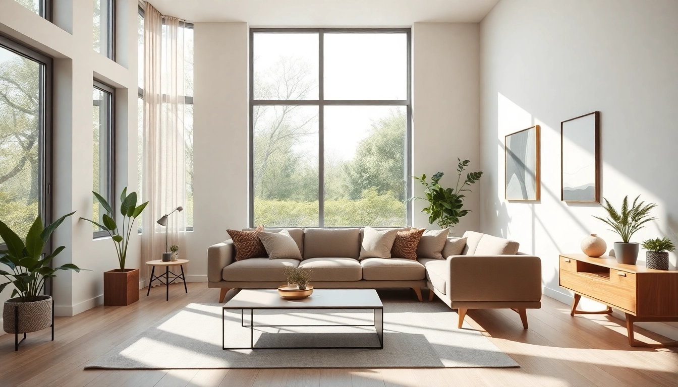 Haus of Design's modern living room with minimalist furniture and greenery.
