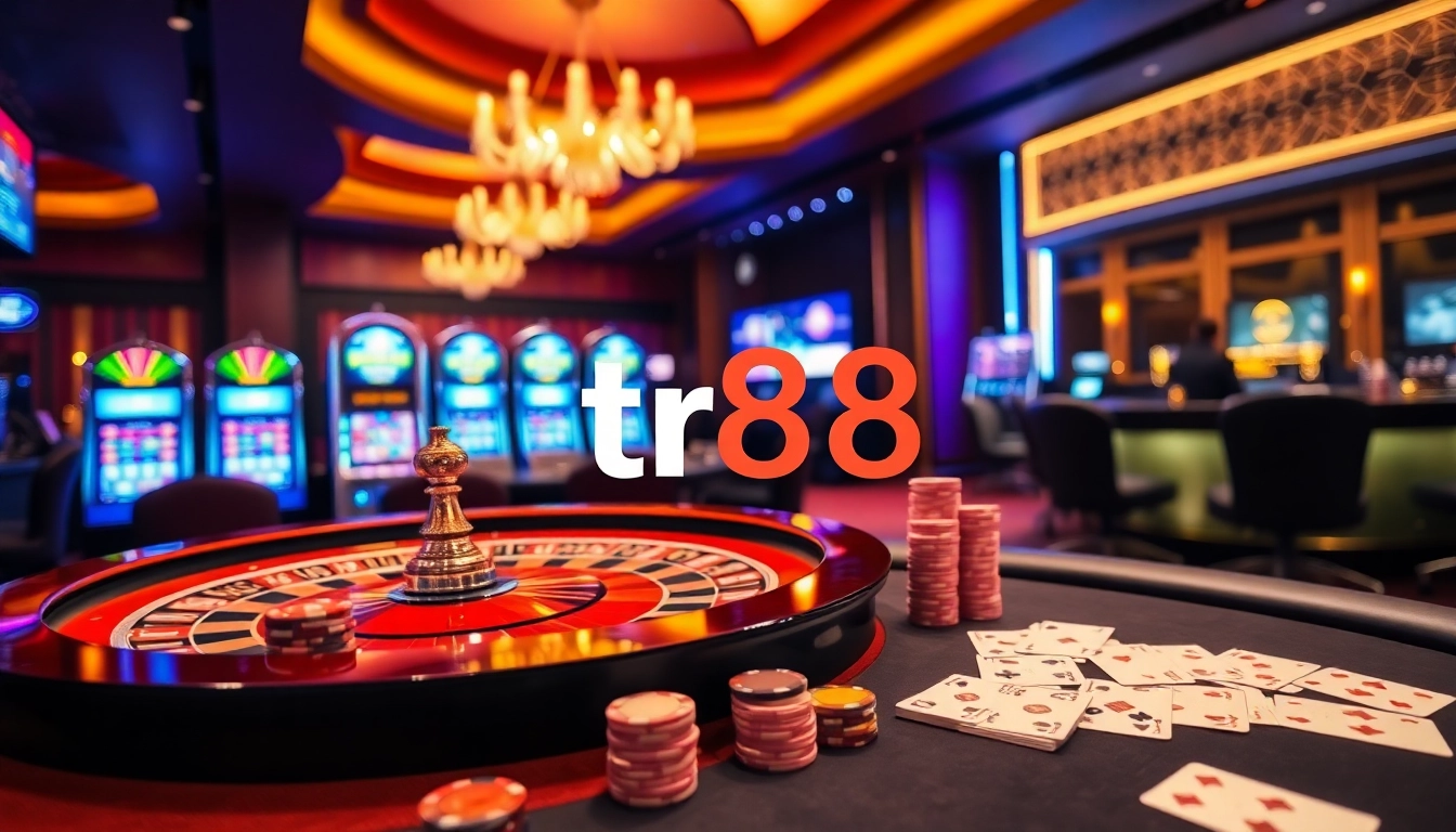 Experience thrilling wins at tr88's exciting casino tables with vibrant poker chips and cards.