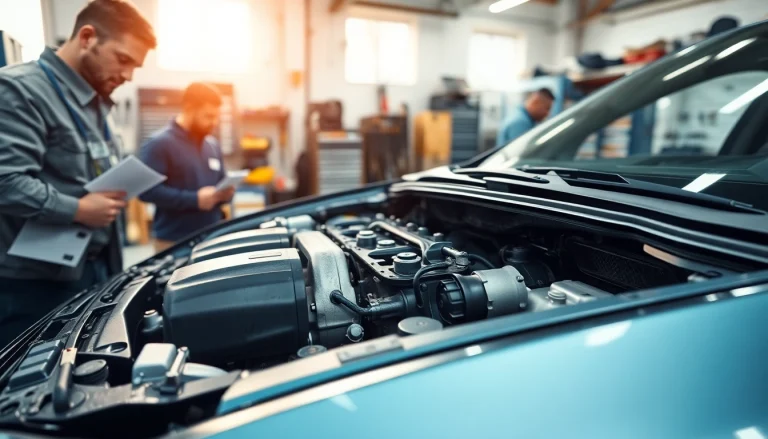 Auto mit Motorschaden verkaufen: Mechanic inspecting damaged engine in a professional garage.