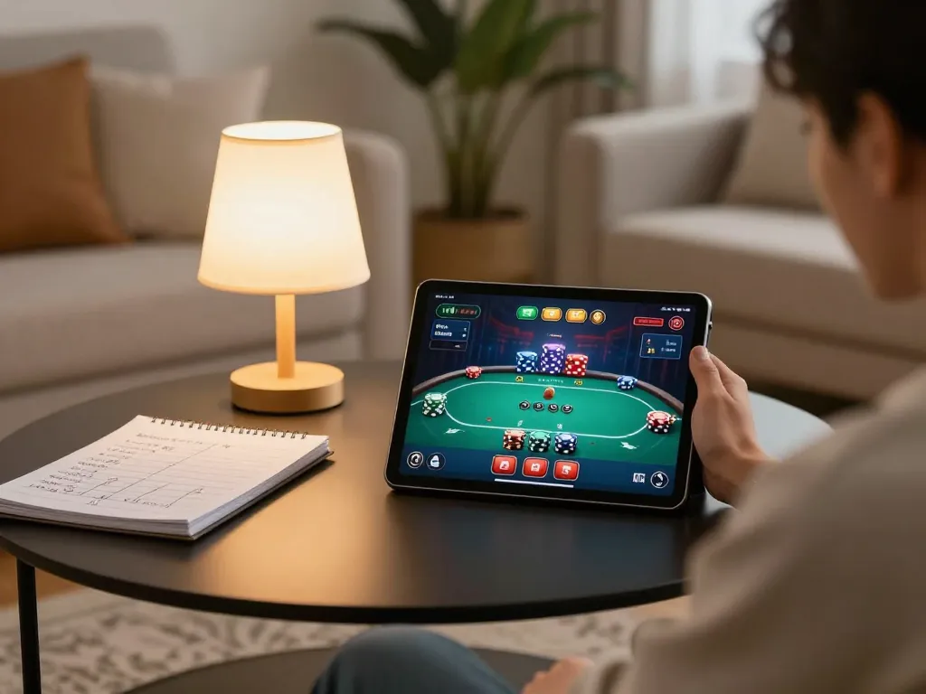Engaging in online gaming through the 789win link on a tablet in a cozy home environment.