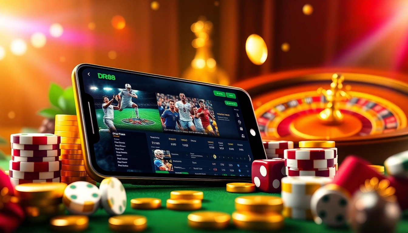 Experience cá cược thể thao DR88 with a luxurious sports betting interface, casino elements, and vibrant lighting.