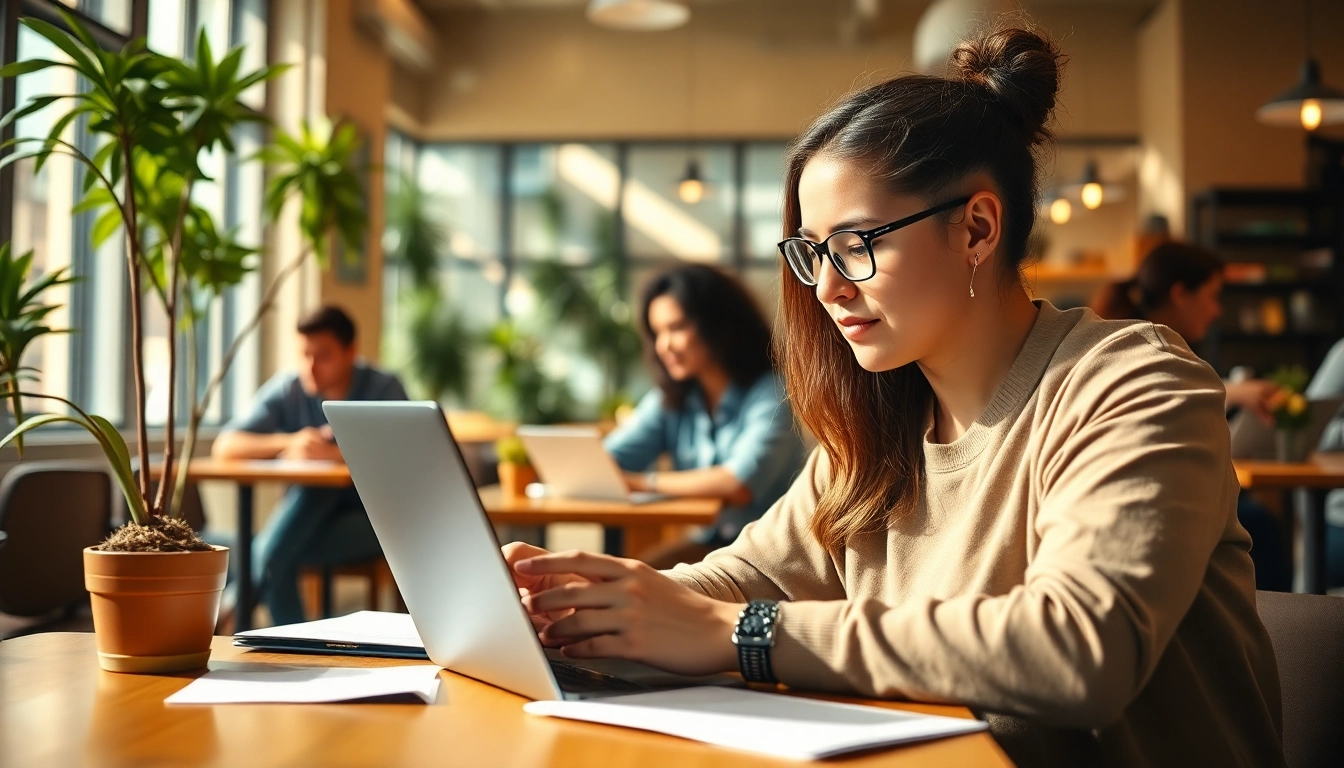 Jobs für Studenten – student searching for job opportunities in a vibrant café environment.