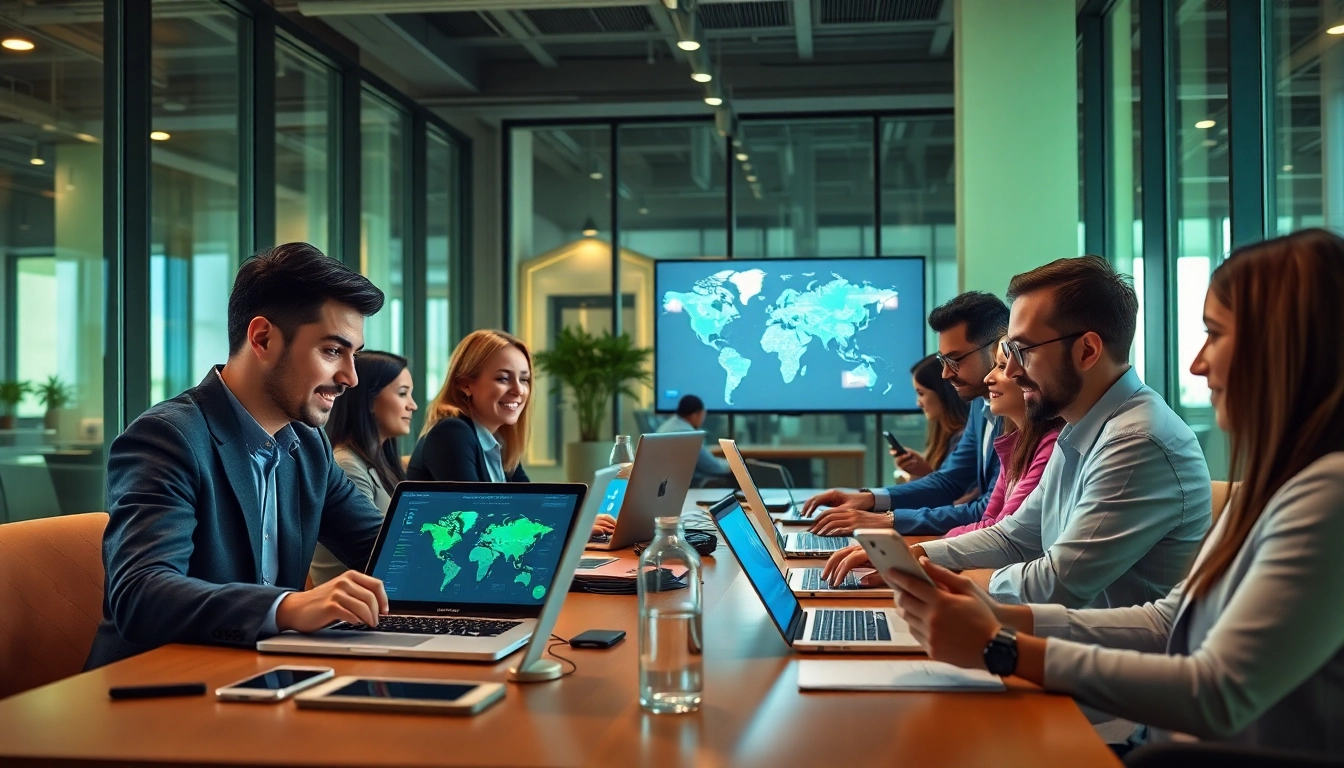 快连下载图片，展示在现代办公室中多样化的专业人士使用设备并享受快速 VPN 连接。