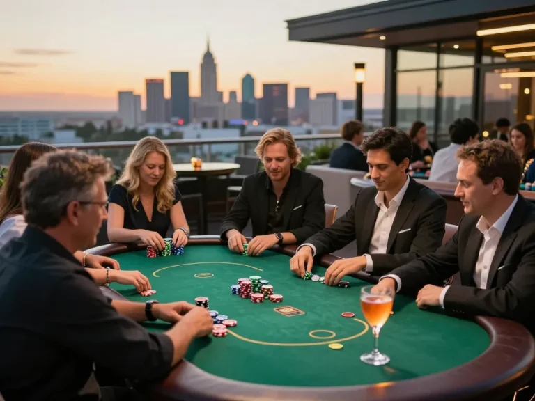 Fesselndes Poker-Spiel in einem luxuriösen Casino, mit Immobilienmakler Frankfurt Sachsenhausen und eleganter Außenatmosphäre