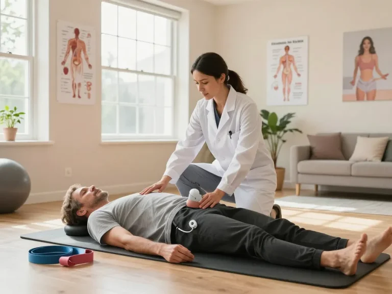 Physiotherapist demonstrating effective therapy techniques at https://pelvi-care.de/ for pelvic floor training in a serene clinic.