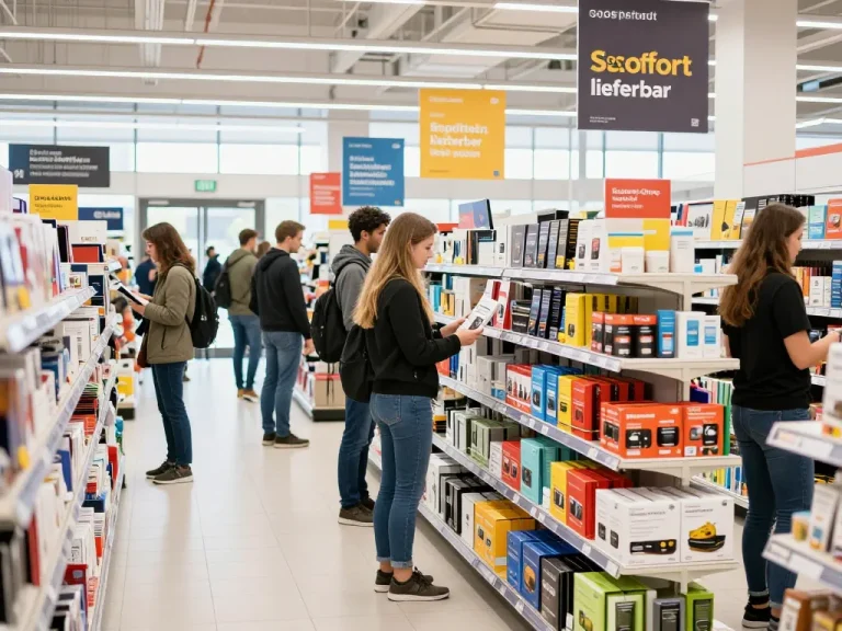 Einkäufer erkunden sofort lieferbar Produkte in einer lebhaften Einzelhandelsumgebung.