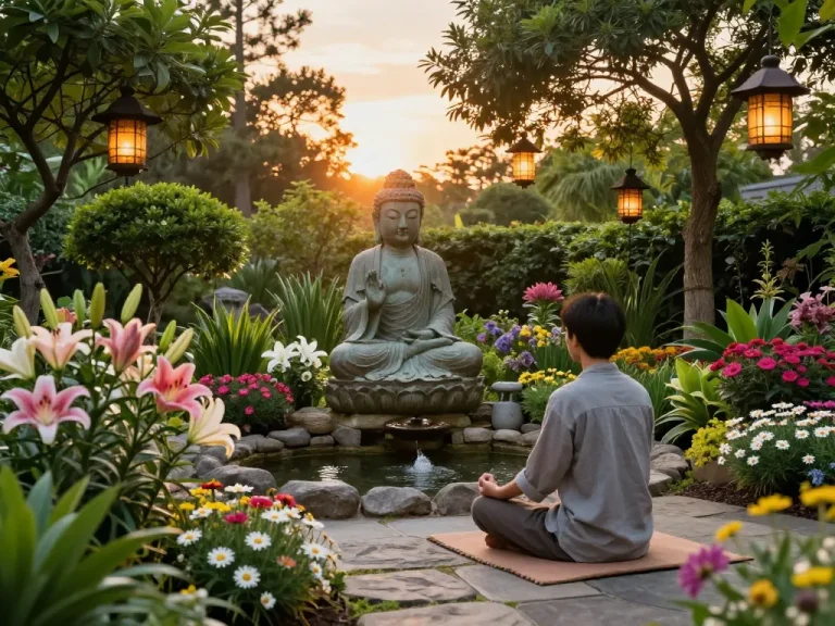 buddha statue für garten eingebettet in einem ruhigen Garten mit Blumen, Meditationsbereich und beruhigendem Wasserbrunnen.