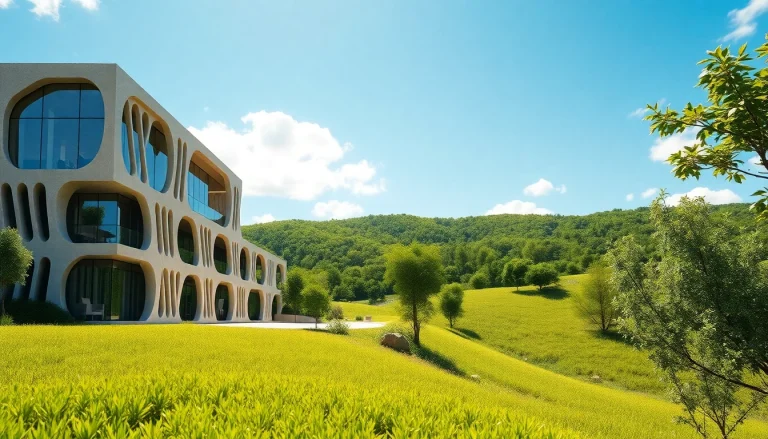 Die Visualisierung architektur eines modernen Gebäudes, harmonisch in die Natur integriert.