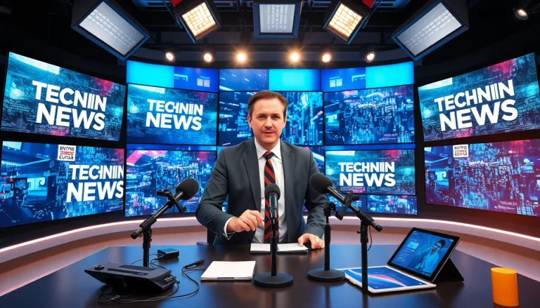 Aktuelle Technik News Berichterstattung in einem modernen Nachrichtenraum mit Nachrichtenbildschirmen.