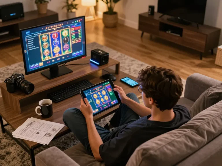 Player engaging with S8 online casino app, celebrating wins in a cozy home gaming setup