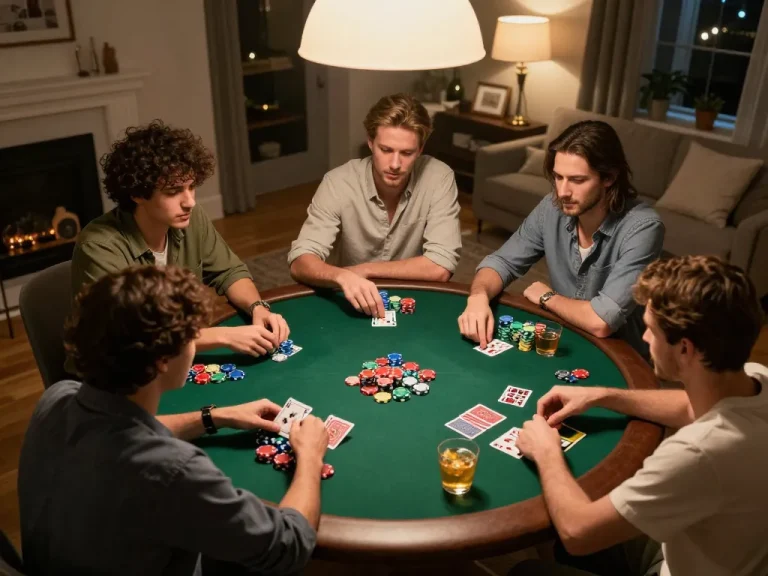 Friends engaging in poker strategy at home during fun79 gaming night, showing chips and cards.