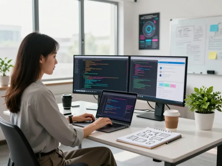 Entwicklerin, die in einem modernen Arbeitsumfeld codiert und effektive Techniken für das Erstellen einer eigenen Webanwendung zeigt.