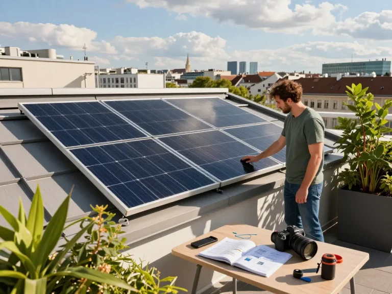 Photovoltaik Wien Solarpanel-Installation auf einem Wiener Dach, die erneuerbare Energie und modernes Leben präsentiert.