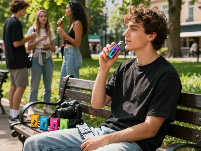 Genießen des Al Fakher 30K-Vapes im Freien in einem lebhaften Stadtpark.